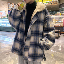 Lamb coat mens autumn and winter thickened plaid cotton-padded clothes Korean trend students cotton-padded clothes Tide brand ins handsome