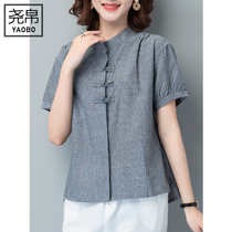 2021 spring and summer new ethnic style striped cotton linen short sleeve size collars shirt linen fashion stand neck shirt