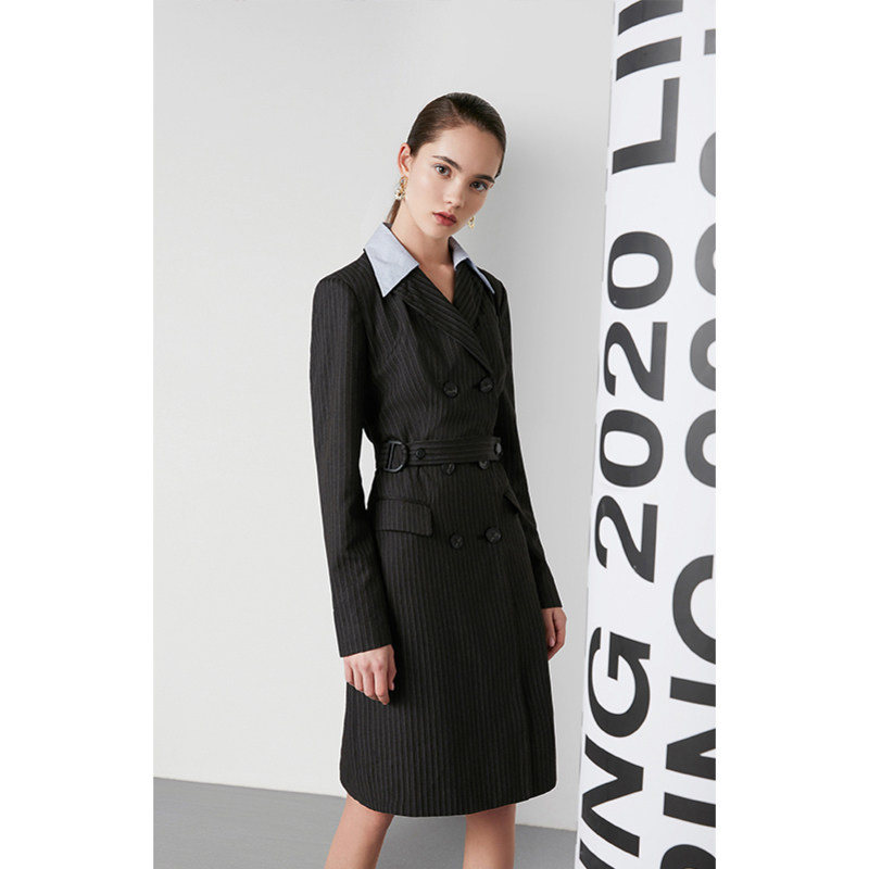 LILY Spring 2020 new womens wear can be stripped off the collar double-row button striped suit dress 120130C7237