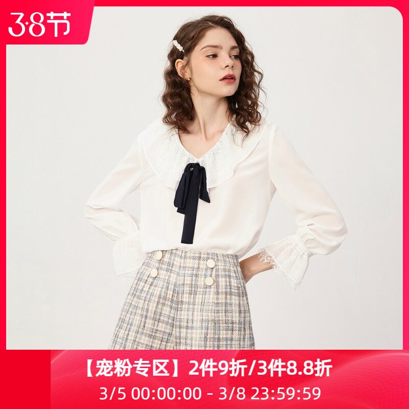 LILY2020 Autumn New Womens Cute Bump Bow Vintage Lace Large Lotus Collar Long Sleeve Chiffon Shirt