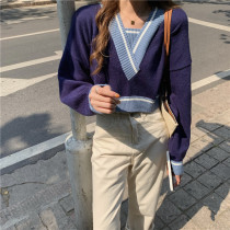 Autumn and winter 2021 New Korean version of retro loose lazy wind show thin Joker V-neck pullover long sleeve short sweater