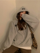 Autumn 2021 Korean skinny fashion loose Joker printing plus velvet warm sleeve hooded long sleeve sweater tide
