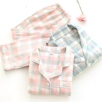 Spring and autumn womens cotton plaid long-sleeved trousers living clothes mens double gauze pajamas pajamas set couples home clothes