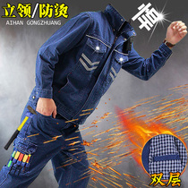 Spring and autumn denim overalls suit mens wear-resistant cotton welder clothes thickened anti-scalding flame retardant double-layer electrician labor insurance clothes