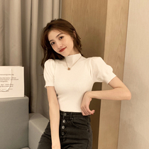 Short sleeve T-shirt female 2021 Spring and Autumn New Tide brand semi-high collar knitted slim top foam sleeve base shirt ins tide