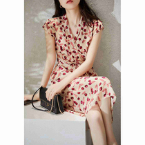 Floral dress Mulberry silk summer temperament high-end light luxury elegant tea break V-neck waist cherry print midi dress