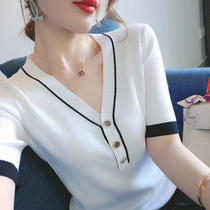 Ice silk short sleeve T-shirt female 2021 new summer thin design slim slim Joker knit V neck shirt