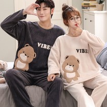 Thick coral velvet couple pajamas autumn and winter cartoon cute plus velvet warm round neck boys and girls home clothes set