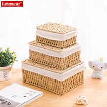 Straw storage basket desktop cosmetics storage box with lid snack woven storage basket small key and sundry basket
