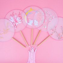 Tuan fan embroidery fan Chinese style half-through ancient style embroidered childrens Hanfu dance dance long handle tassel round Palace fan