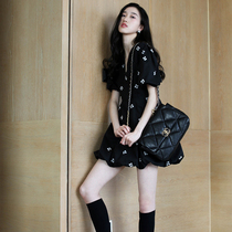 2021 French floral dress black short sleeve dress high cold Imperial sister design bubble sleeve female dress