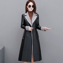 Autumn and winter thickened Haining leather women's long plus velvet large size fur one Joker leather trench coat coat