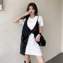 Summer harbor style design sling bow loose long fake two-piece T-shirt chic casual dress women