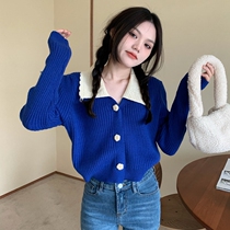 Klein Blue Knitted Cardigan Women's Spring and Autumn Design Sense Loose Lazy Wind Doll Neck Sweater Coat Short Top
