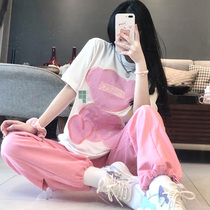 Sports suit womens summer girly sweet foreign style thin section tide brand big bear print short-sleeved drawstring pants two-piece set