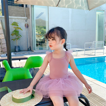 Childrens swimsuit 2021 summer new Korean girls one-piece princess skirt middle and small children pink gauze skirt cute swimsuit