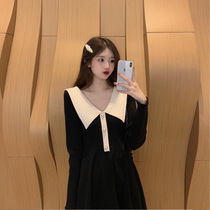Large size 2021 New lapel knitted waist doll collar Korean version of high waist Hepburn small black dress autumn and winter dress women