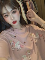 Net red super fire short sleeve T-shirt female summer 2022 New Tide brand loose thin cotton pink embroidered shirt body shirt
