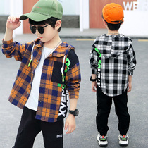 Boy Spring-autumn-style shirt jacket 2022 new CUHK Children boy Lianhood black and white plaid cardio-hoodie