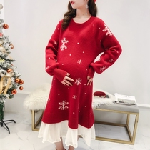 New Year's Maternity Dress Autumn and Winter New Year Dress Top Women's Winter Dress Set Thickening Clothes Winter Sweater Skirt
