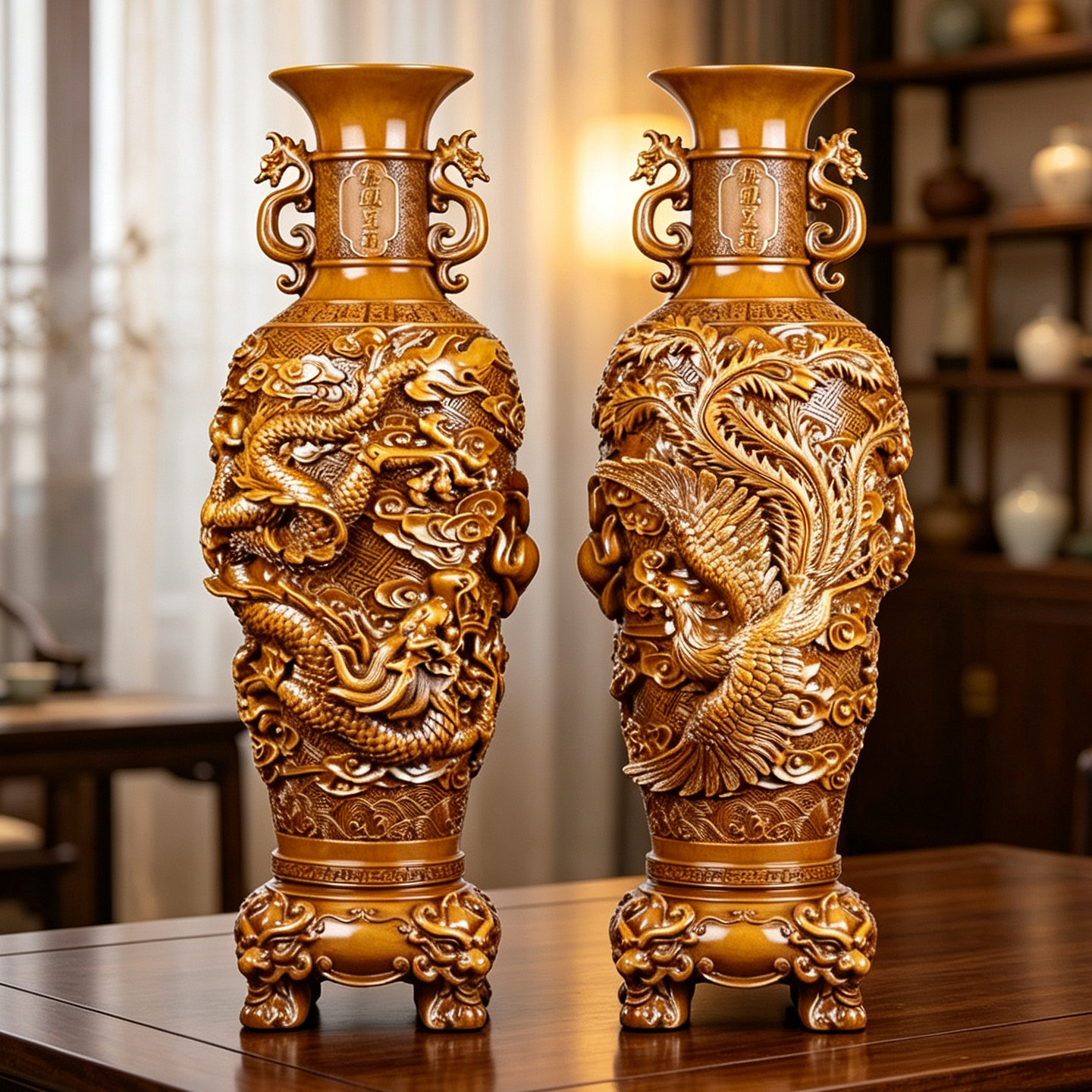 j146中国古玩 旧家収蔵 青銅器 金 龍鳳 呈祥 花瓶 置物 金属工芸 工芸品