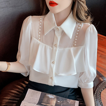 Han Fan 2021 summer new foreign style versatile design sense pearl chain ruffle stitching single-breasted chiffon shirt women