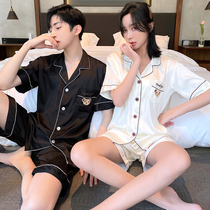 2 sets of price couple pajamas womens summer ice silk short-sleeved shorts Cute bear new summer silk mens suit