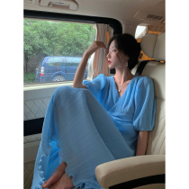 French V-neck bubble sleeve dress womens 2021 summer new waist thin temperament medium-long chiffon skirt