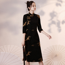 Black cheongsam 2021 new improved young high-end temperament national tide crane crane Chinese style autumn seven-point sleeve