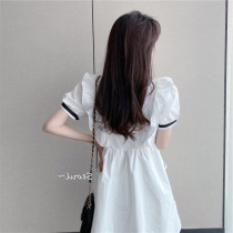 French coffee break bubble sleeve white dress female summer small bellflower first love waist thin temperament skirt