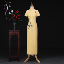 Spring and summer new silk mulberry silk handmade custom yellow crane embroidery long retro banquet cheongsam dress