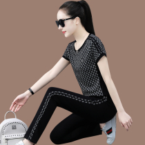 Sports Suit Women Summer 2022 New Fashion Sashimi Slim Round Collar Short Sleeve Long Pants Casual Wear two sets