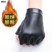 Leather half finger gloves male Winter plus velvet warm takeaway rider broken finger without finger half finger open toe Thunderbolt PU