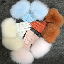 Touch screen gloves big hair autumn and winter plus velvet warm pink lady cotton grass mouth size