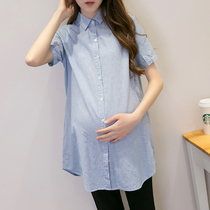 2021 Summer short-sleeved maternity shirt Medium-length plus-size top Pregnancy POLO shirt Striped base shirt shirt