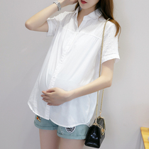 Summer lapel short sleeve pregnant woman shirt short top summer dress professional maternity white shirt overalls polo shirt
