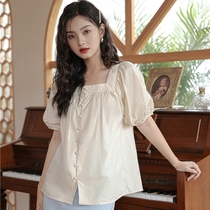 2022 summer new French retro gentle bubble short sleeve lace side collar single-breasted design feel slim shirt