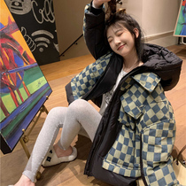 Gujia Mei checkerboard down cotton clothes women 2021 new winter thick hooded thin short coat
