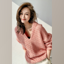 Spring womens 2022 new small fragrant wind chic high-grade pink sweater knit sweater small man lazy wind