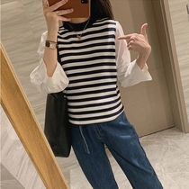 Early autumn 2021 New French striped shirt Hanfeng chic fake two-piece knitted top female design sense minority