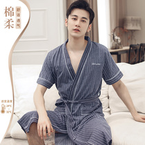 Sleeping robe mens spring and autumn season pure cotton short sleeves in long style bath gown Home Clothing Day Style Casual Big Code Mens Morning Robes Pajamas