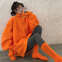 2021 autumn and winter clothing Korean version of loose high collar stitching vests women's large size plus velvet padded socks orange coat tide