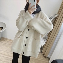 Korean Wool Knitted Pocket Cardigan Women 2021 Autumn Winter Loose Slim Lazy Long Thick Sweater Jacket