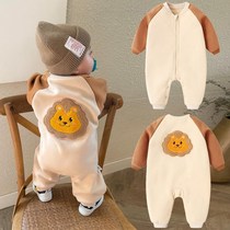 Newborn baby plus velvet jumpsuit spring autumn and winter clothing 0-1 years old 2 boys and girls thin velvet outside wear ha clothes climbing clothes foreign style