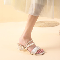 Coarse Heel Sandals Women 2022 Summer New with Andromeda Wind Folds Two Wearing of the Buttoned Pearl Square Head Cool Tug