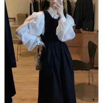 Autumn 2022 new temperament celebrity shirt two-piece set womens French little fragrance black strap dress