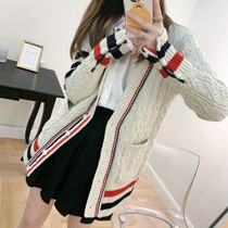 thombosis tb Spring and Autumn New wool twist stripe V-neck sweater cardigan knitted coat womens college style