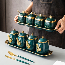 Ceramic emerald seasoning tank Five-piece European seasoning bottle combination set Salt tank Kitchen seasoning box Pepper tank