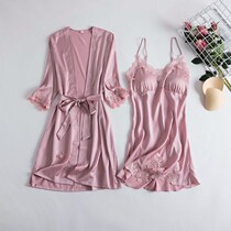(Mulberry Silk) sexy pajamas female spring and autumn thin real ribbon chest pad suspender nightgown silk nightgown two sets