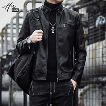 HN 2021 Spring and Autumn Tide Mens Leather Jacket Coat Stand Collar Fashion Zipper Leather Slim Korean Mens
